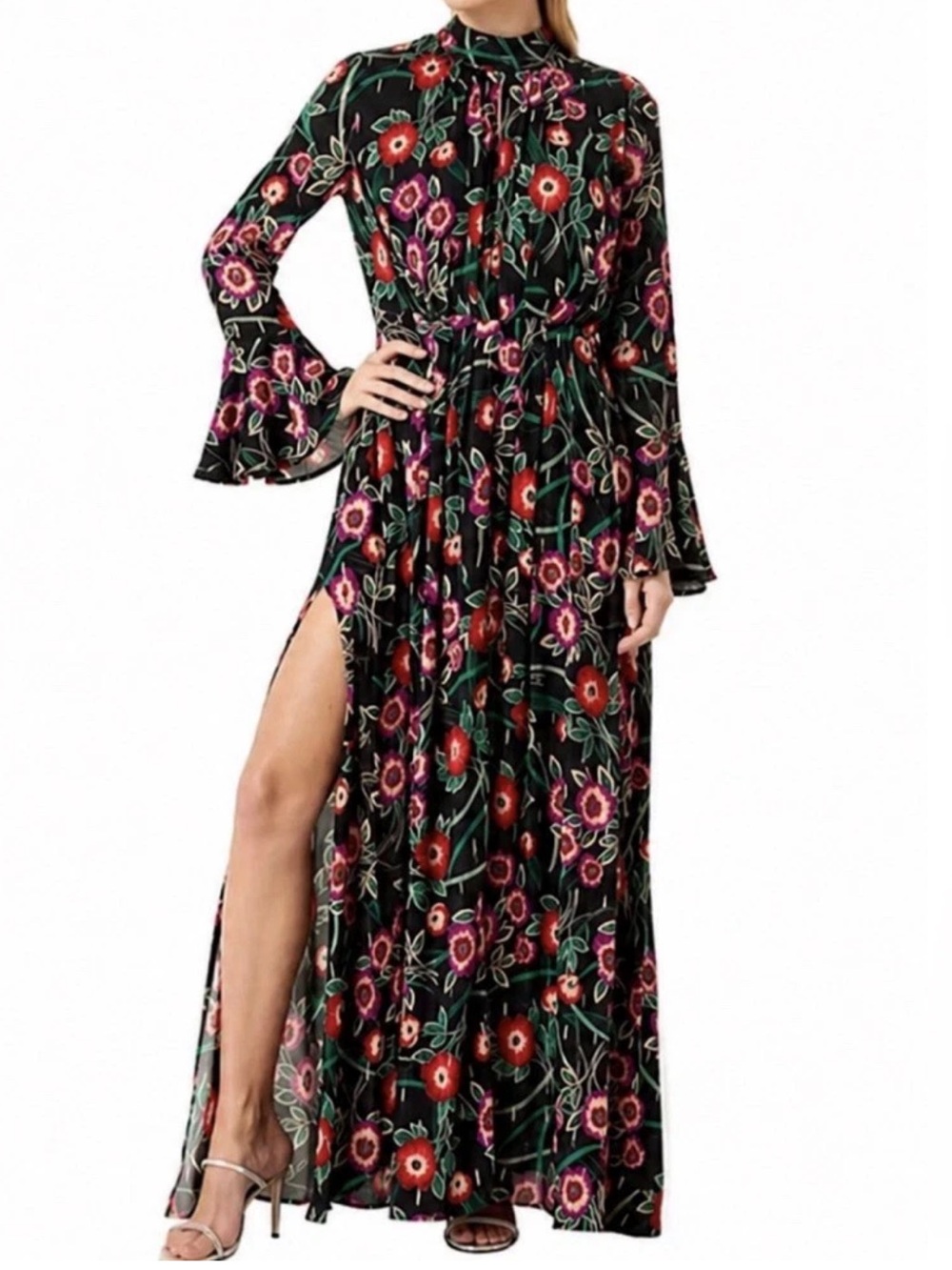 MISA Los Angeles Kora Open Back Floral Maxi Party Wedding Black Long Sleeve.